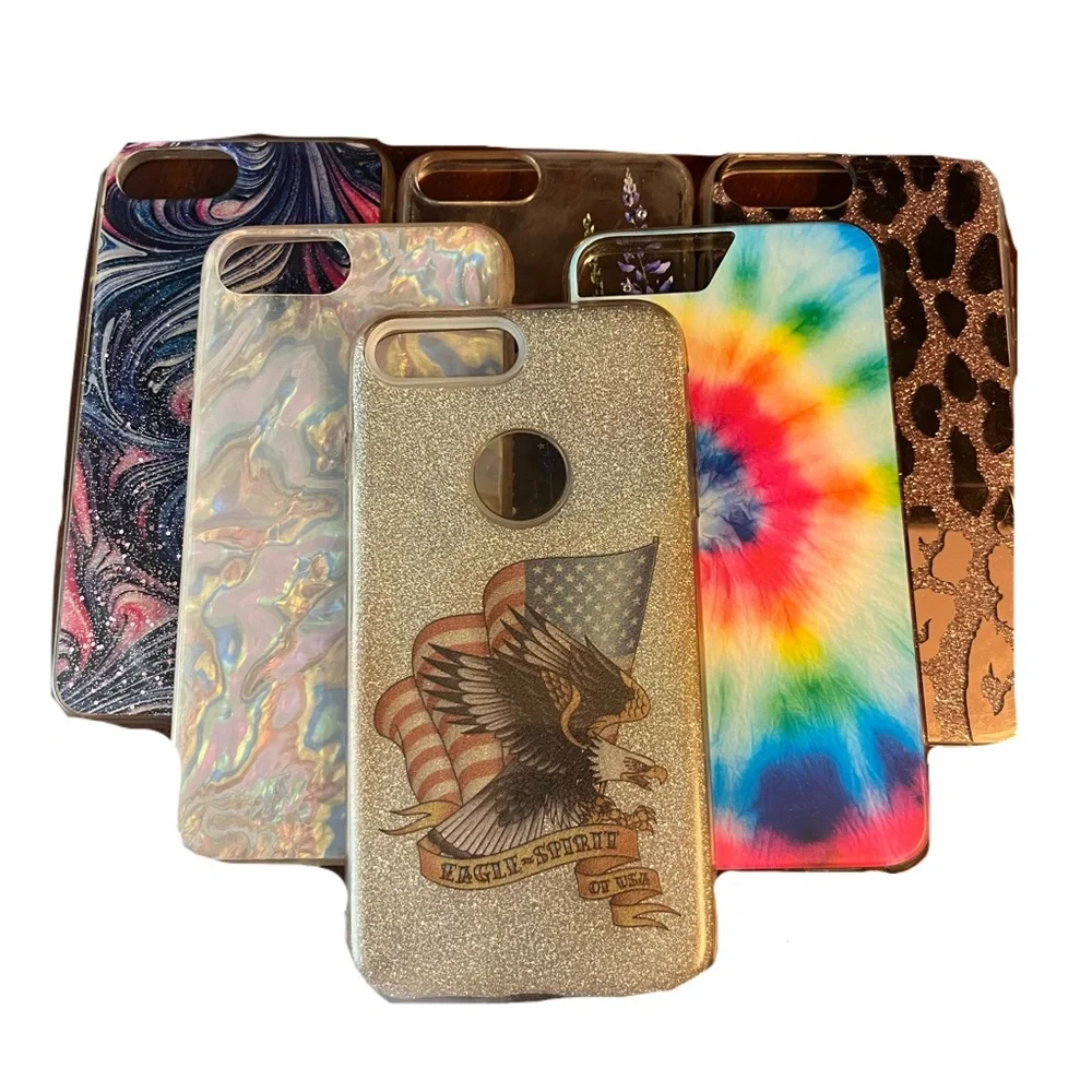 6 Piece Set IPhone 7 Plus Assorted Phone Cases (Glitter/TieDye/Cheetah/Eagle)
